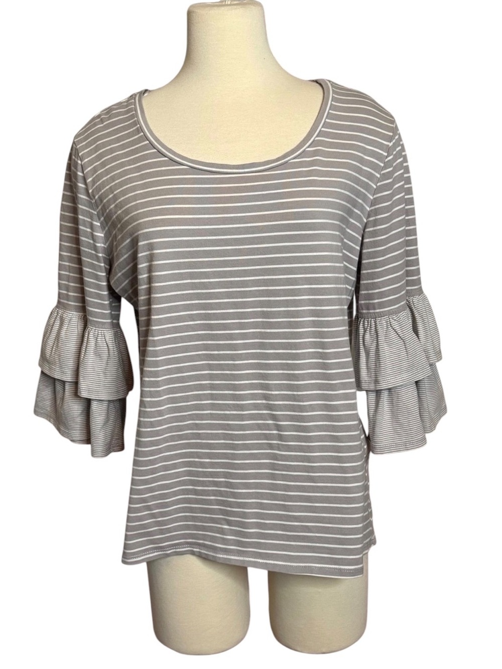 Umgee Gray and White Striped Ruffle Sleeve‎ Scoop Neck Top